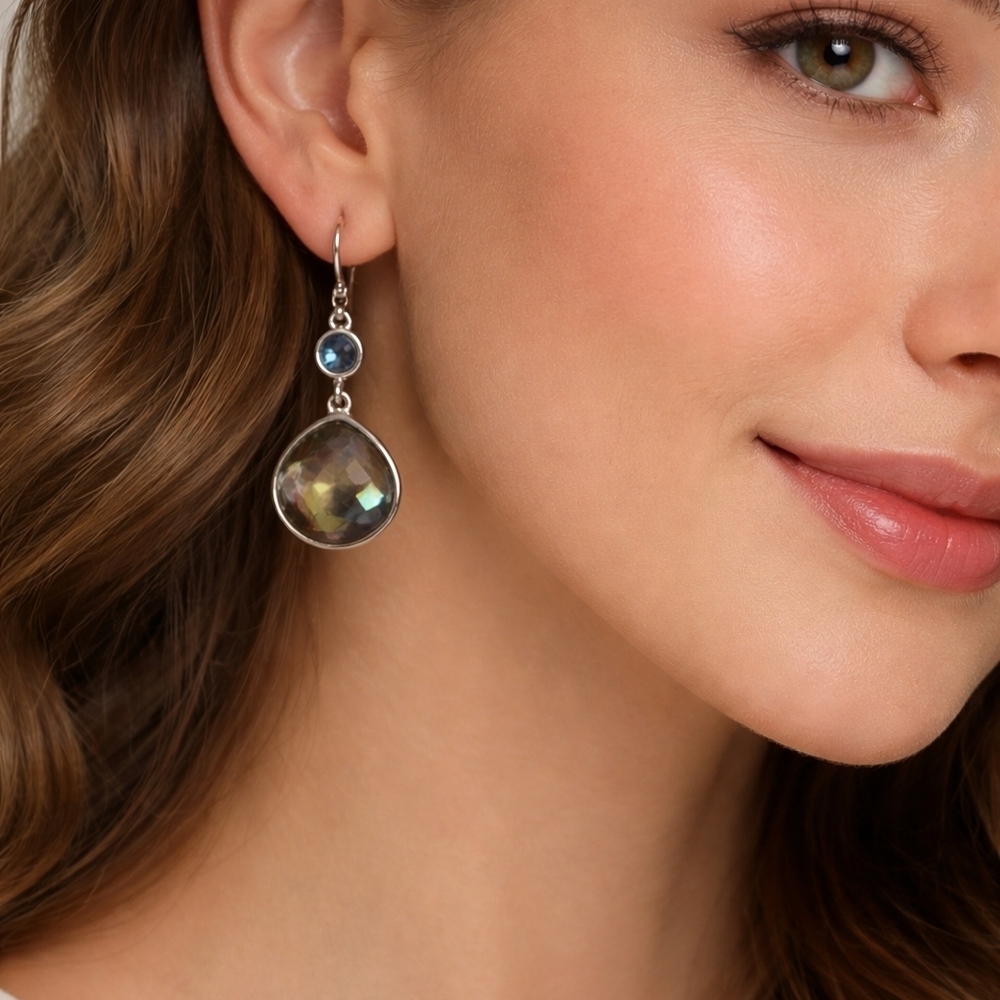 AMBER And BLUE TOPEZ Round Drop Earrings.